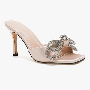 Nude Satin Heels with Rhinestone Bow